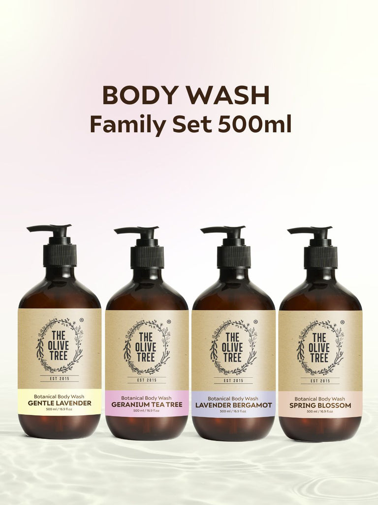 lavender tea tree body wash Body Wash Family Set 500ml x 4 (Geranium Tea Tea, Gentle Lavender, Spr – The Olive Tree